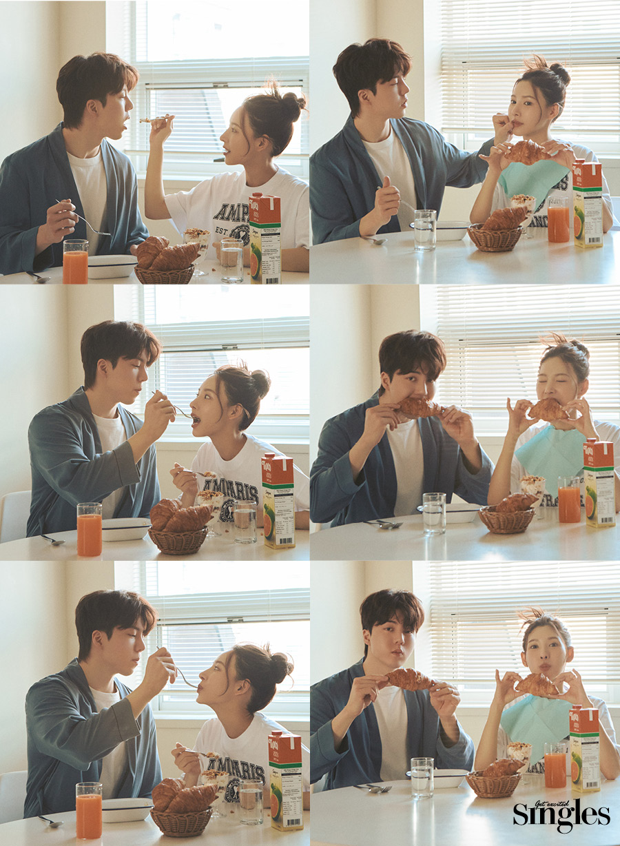 희두가 퍼블리카엑스의 홈가운, 나연이 아미의 크롭트 티셔츠를 착용하고 촬영한 싱글즈 화보